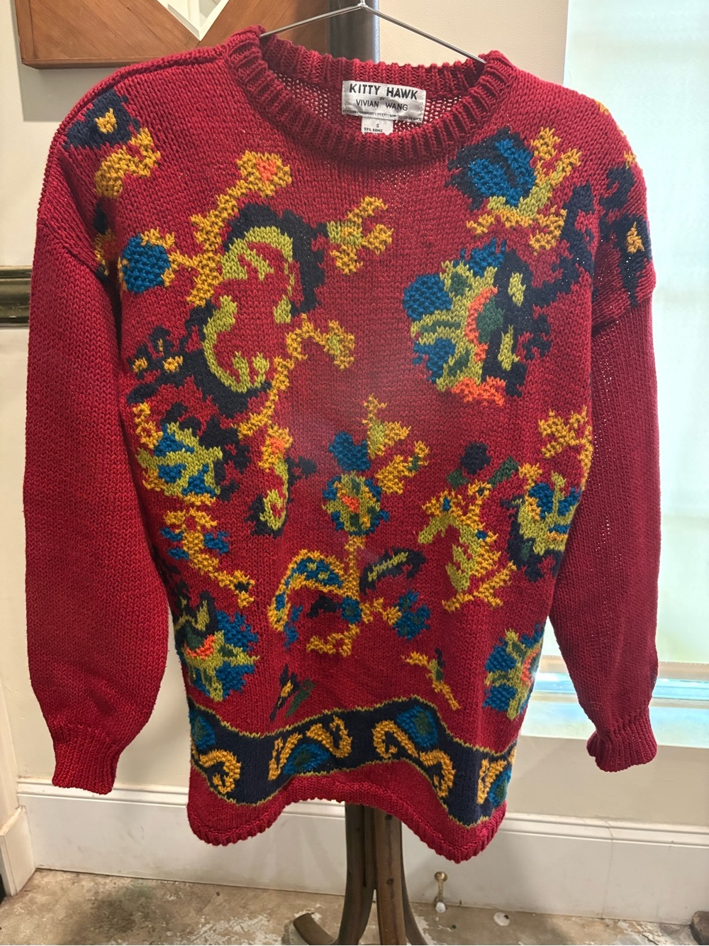 Vintage 80s Kitty Hawk by Vivian Wang Tapestry Floral Knit Sweater Small